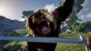 Grizzly bear roaring in grass