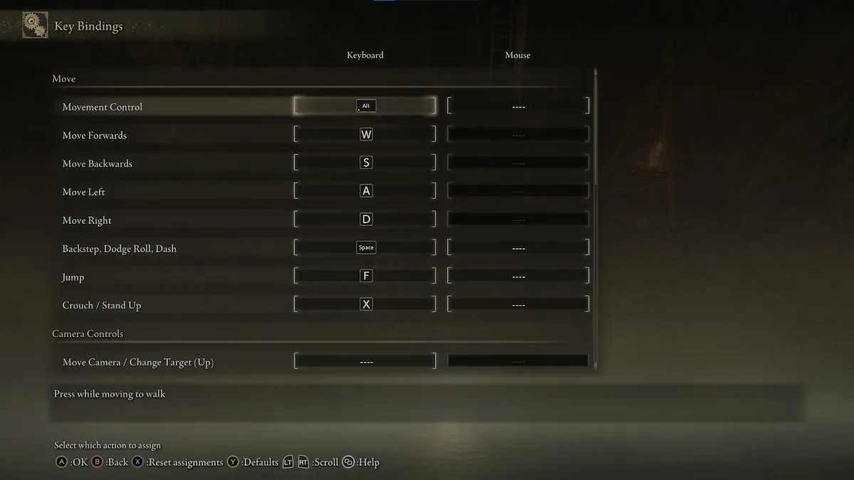 Elden Ring PC controls menu screen